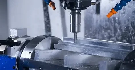 4-axis CNC milling machine with rotary indexer processes aluminum workpiece with cooling liquid for precision custom CNC machining