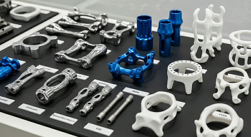 Custom precision machined components made of titanium, aluminum alloy and PEEK engineering plastic